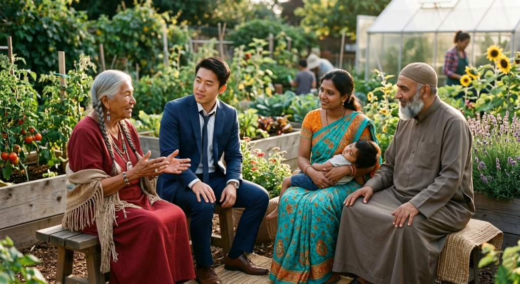 Diverse group of people from Indigenous, East Asian, South Asian, and Middle Eastern backgrounds sitting in a circle in a sunlit community garden. They engage in warm conversation, symbolizing inclusive community support for mental well-being across cultures. Natural lighting, documentary photography style.