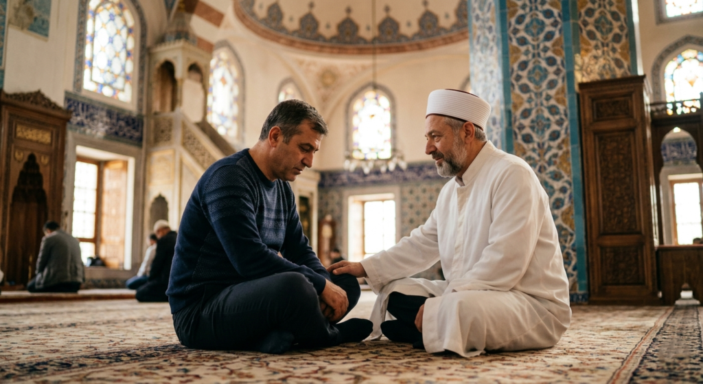 Interior of a mosque in Istanbul with an imam in white robes sitting cross-legged on an ornate carpet, speaking compassionately with a middle-aged Turkish man. Soft light streams through stained glass windows, conveying how religious leadership serves as a source of mental health support in many cultures.