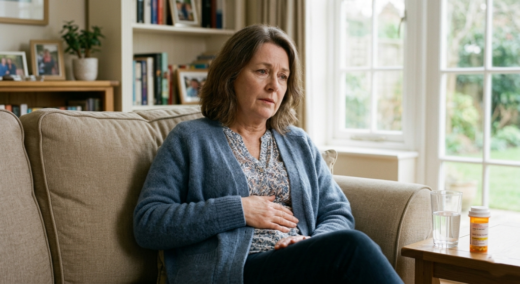 Middle-aged woman sitting on sofa with hand on upper abdomen experiencing mild stomach discomfort, representing gastric ulcer symptoms
