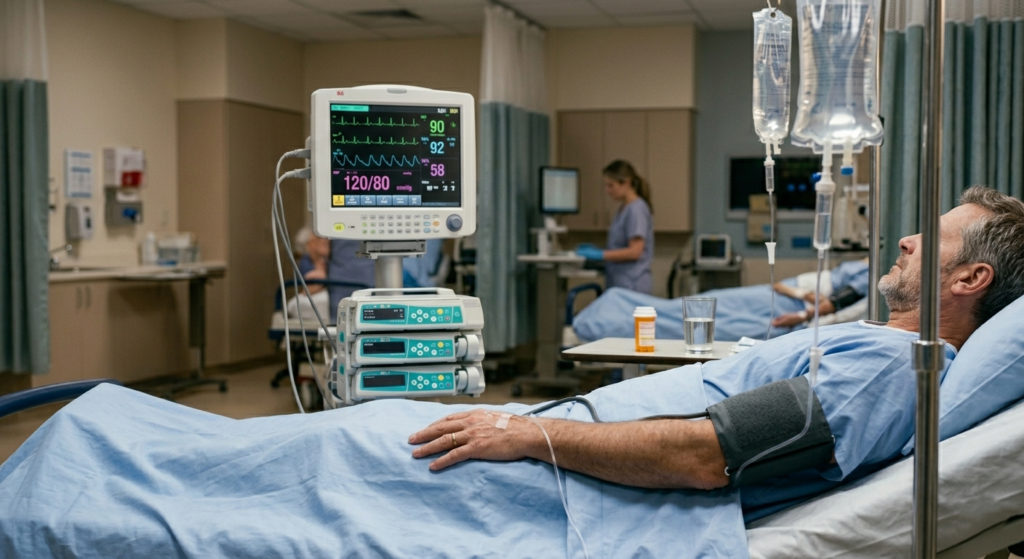 Hospital emergency room scene with medical monitors, IV drip, and patient arm with blood pressure cuff, representing bleeding stomach ulcer complications