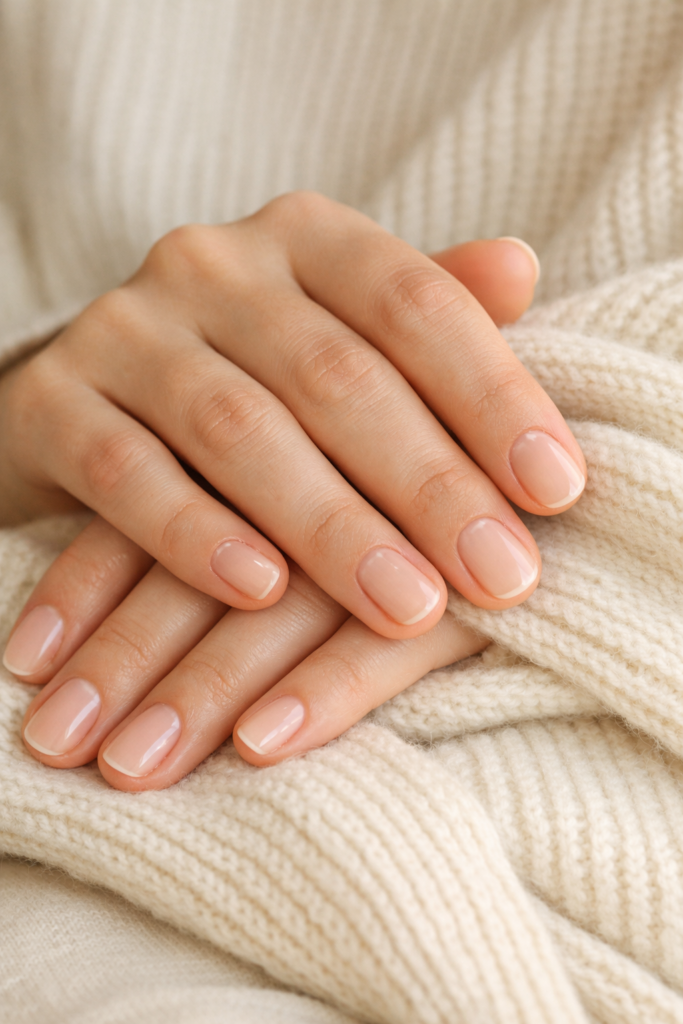 Well groomed female hands with natural buffed shiny nails and hydrated cuticles resting on cream colored sweater