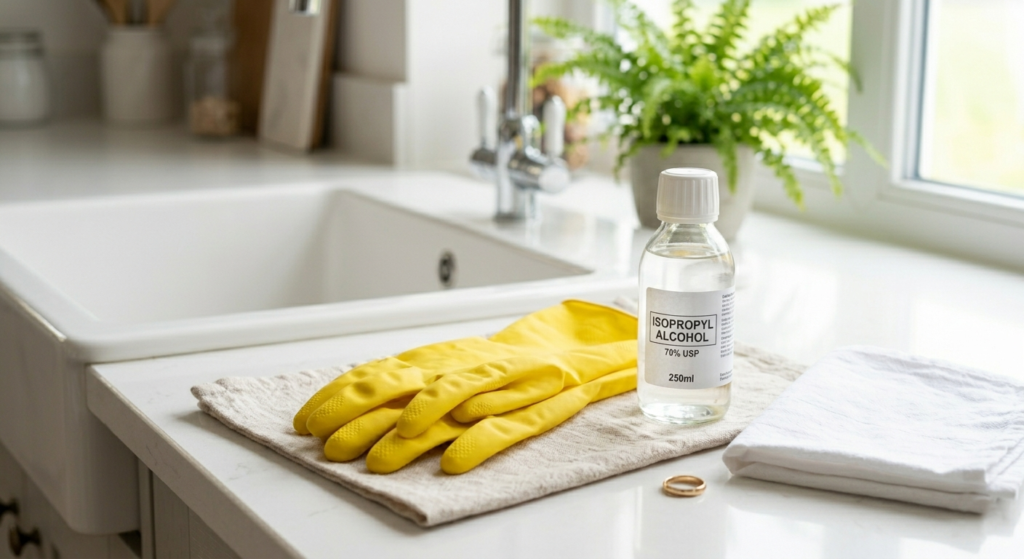Yellow rubber cleaning gloves placed next to isopropyl alcohol bottle and white cloth on kitchen counter for nail tool sanitation