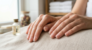 Woman's well-groomed bare hands with healthy natural nails resting on beige linen surface, cuticle oil bottle blurred in background