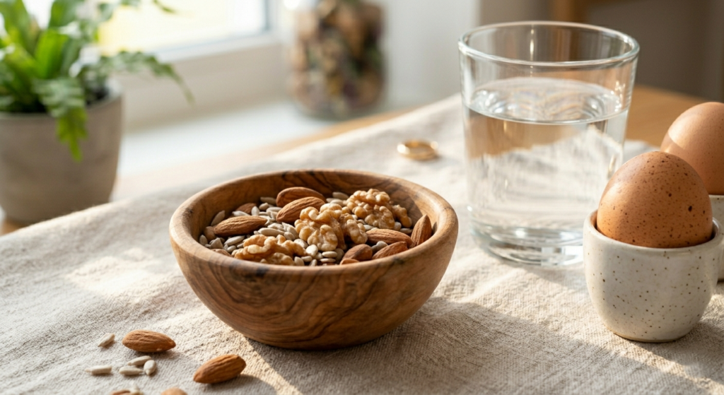 Small wooden bowl filled with almonds walnuts and seeds next to eggs and glass of water on linen napkin for nail healthy nutrients