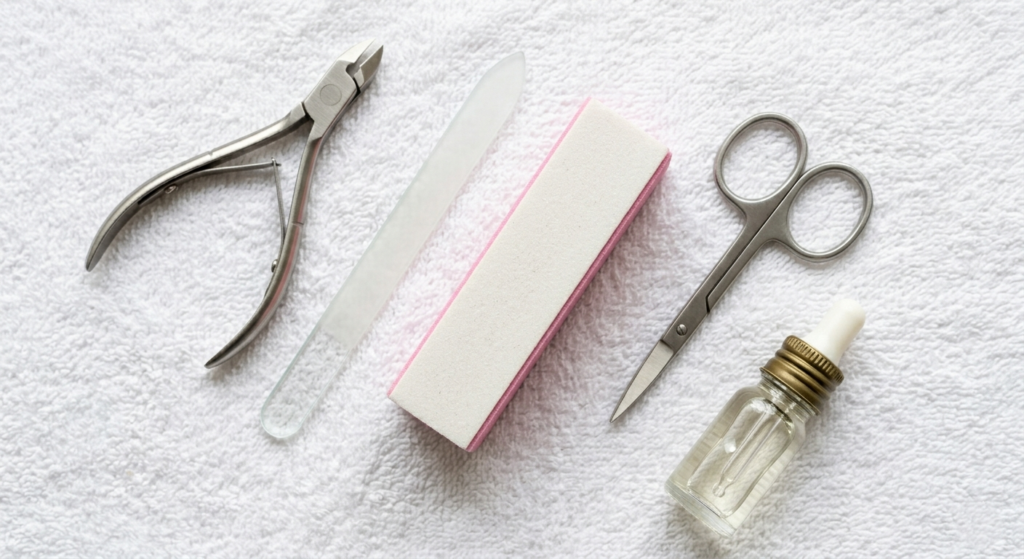 Flat lay of nail care tools including stainless steel nail clippers, glass nail file, nail buffer, and scissors on white towel