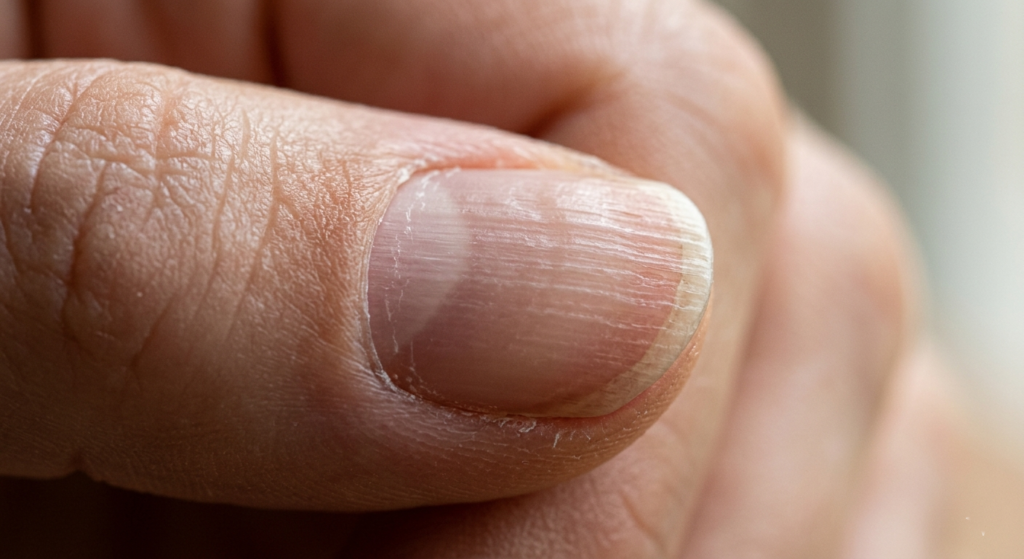 Close up macro photograph of human fingernail showing visible vertical ridges on bare unpolished nail surface