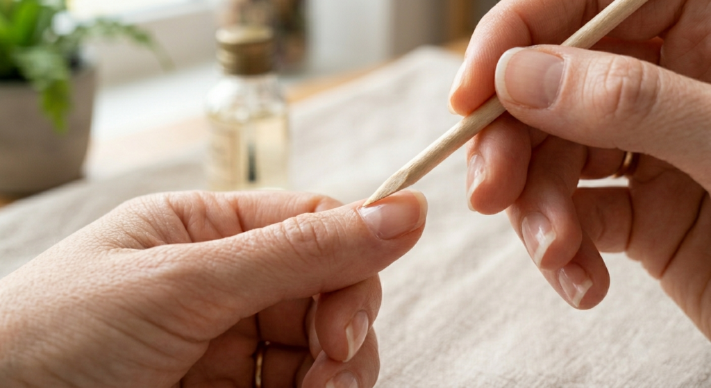 Close up of person gently pushing back cuticles using wooden orange stick on bare natural nails with soft lighting