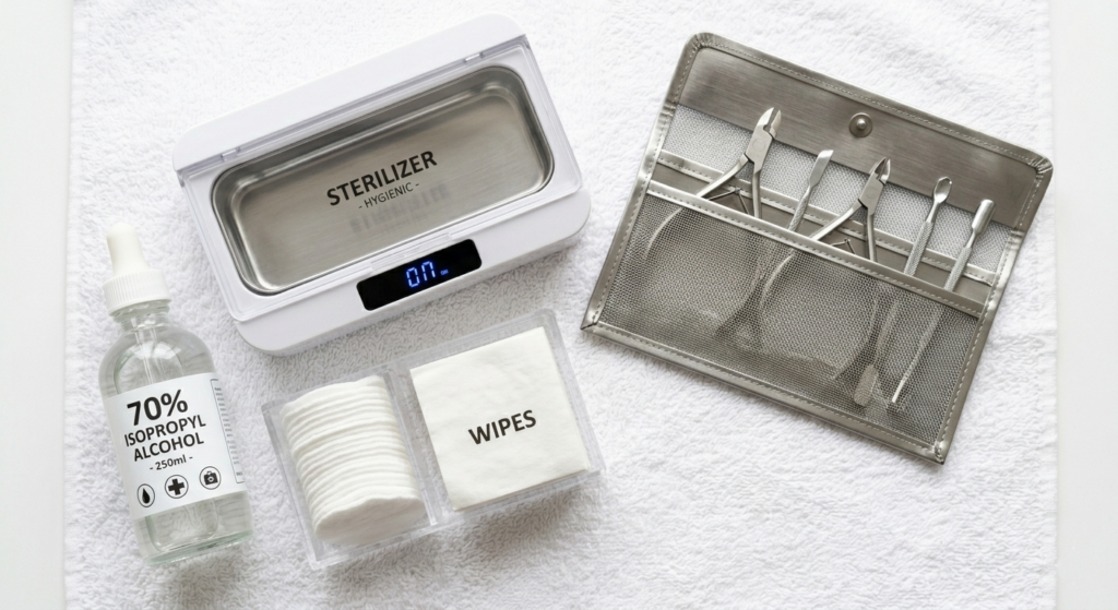 Overhead view of clean professional nail salon workstation with sterilized metal tools UV sterilizer box and isopropyl alcohol