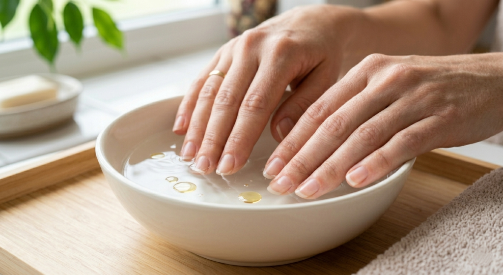 Hands soaking in small white ceramic bowl filled with lukewarm water and oil drops for softening nails before manicure