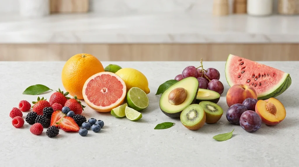 Raspberries, blackberries, strawberries, blueberries, kiwi, grapefruit, oranges, peaches, plums, watermelon, lemon, and avocado