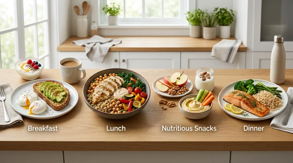 Balanced breakfast, lunch, snacks and dinner featuring protein, vegetables, whole grains and healthy fats