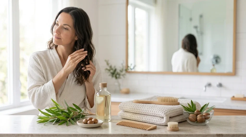 Woman following a simple hair-oiling routine by applying a small amount of oil to the lengths and ends of her hair.