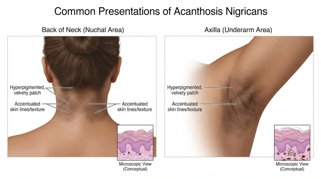 Acanthosis nigricans showing darker thicker skin in body folds