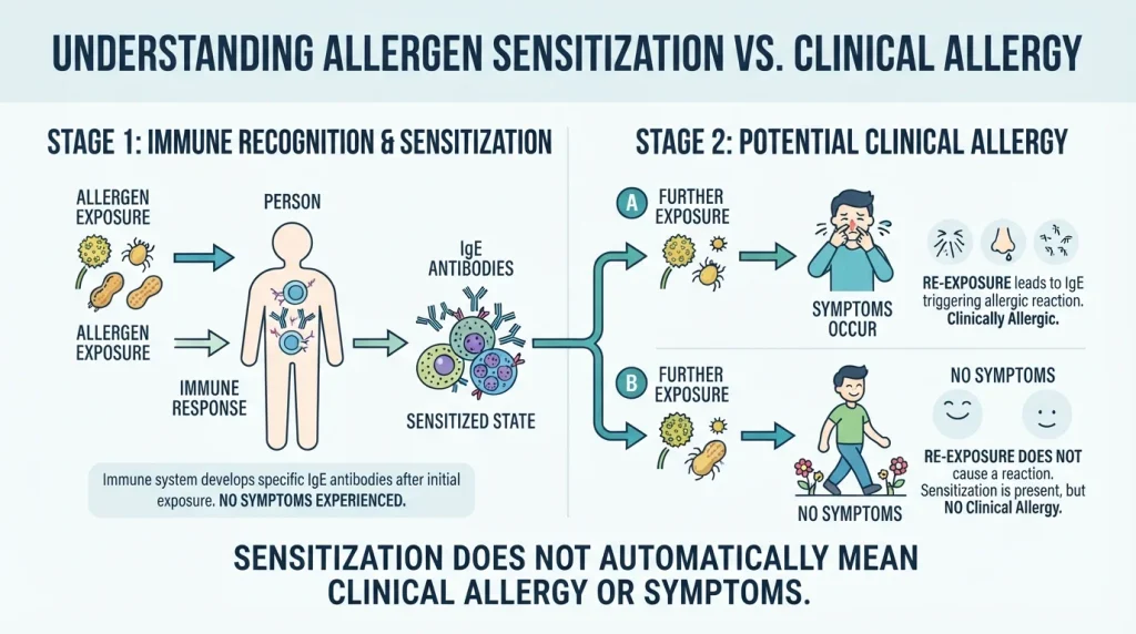 Diagram explaining the difference between allergen sensitization and clinical allergy