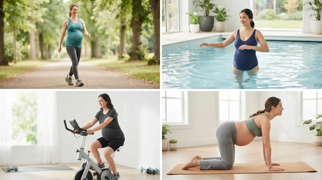 Pregnant woman walking, swimming, cycling, and doing modified prenatal yoga