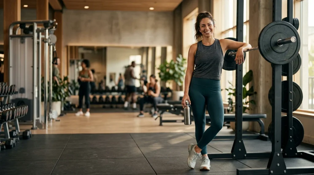 Confident woman standing in a gym after a workout