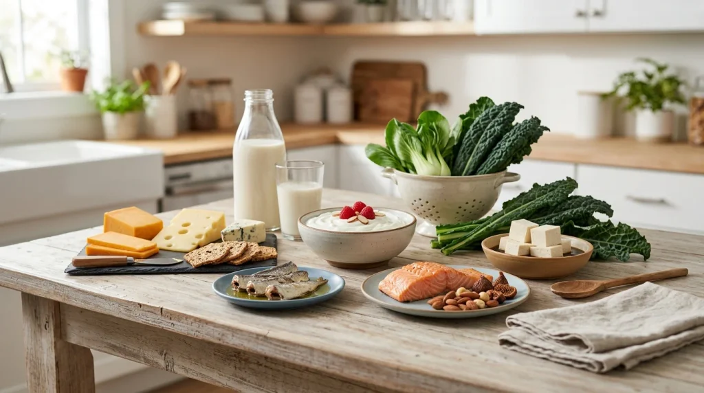 Calcium-rich foods including yogurt, milk, cheese, leafy greens and tofu