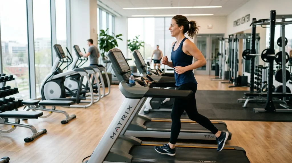 Woman using a treadmill during a gym workout