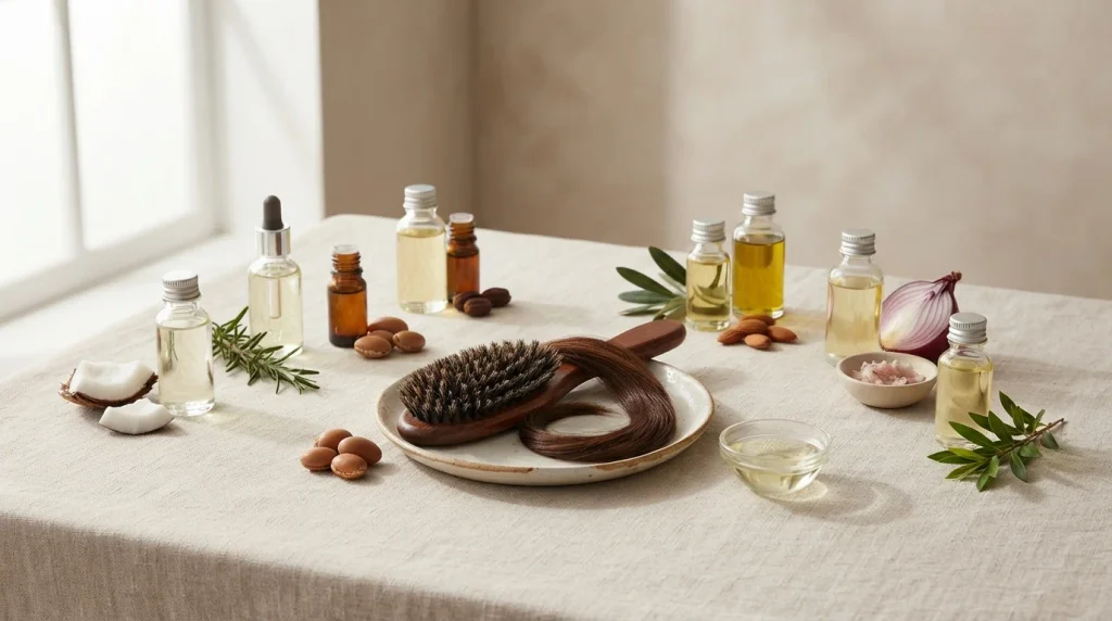 Selection of different hair oils arranged around healthy hair to illustrate choosing products according to individual hair-care needs.