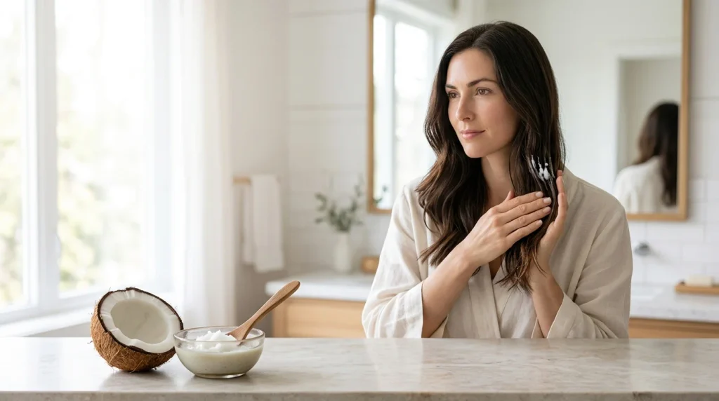 Coconut oil being applied to the lengths of healthy dark hair as part of a pre-wash hair-care routine. 