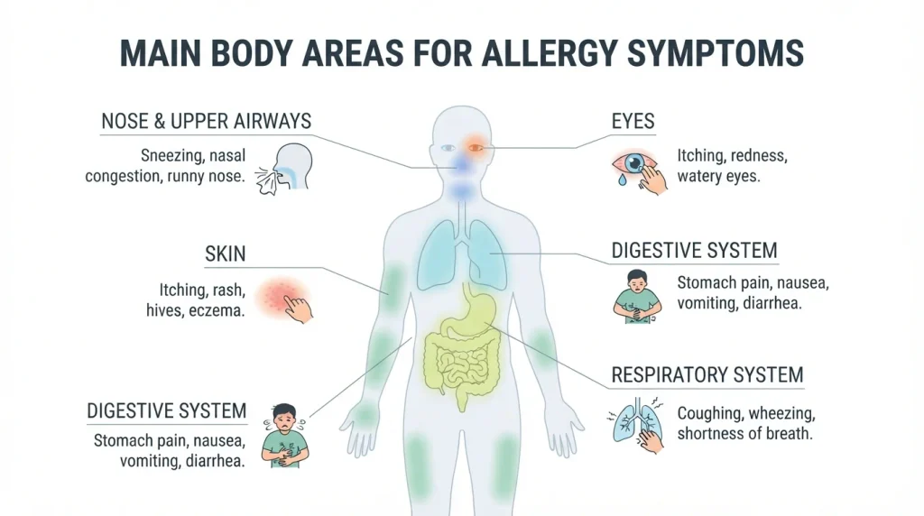 Common allergy symptoms affecting the nose, eyes, skin, digestive system, and respiratory system