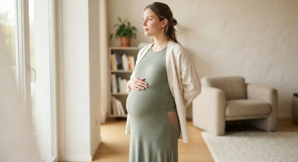 Pregnant woman showing common areas where stretch marks may appear