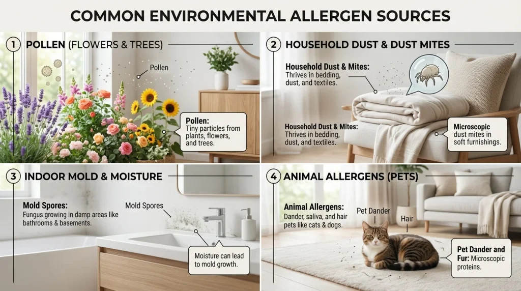 Environmental allergens including pollen, dust mites, mold, and animal allergens