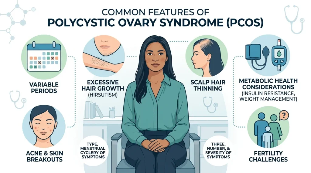 Common PCOS symptoms including irregular periods acne unwanted hair and scalp hair thinning