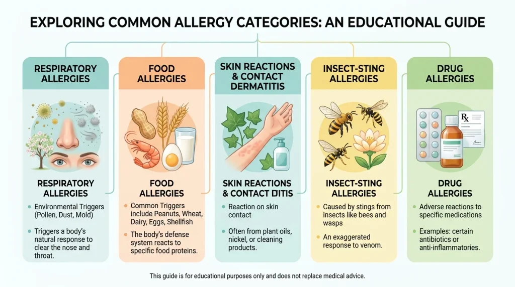 Common allergy types including respiratory, food, skin, insect-sting, and drug allergies