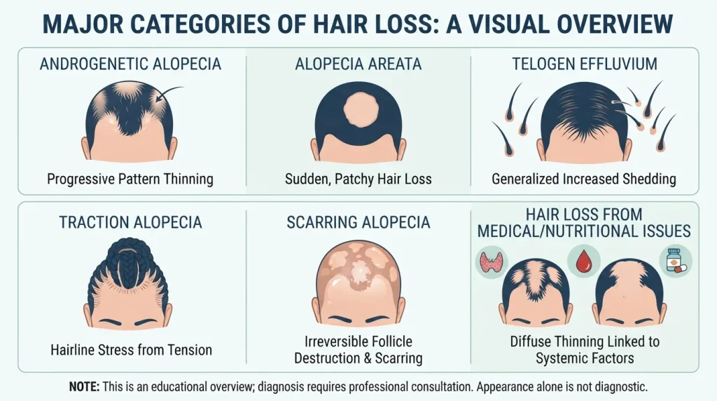 Illustration of common types of baldness and hair loss including pattern, alopecia areata and traction hair loss