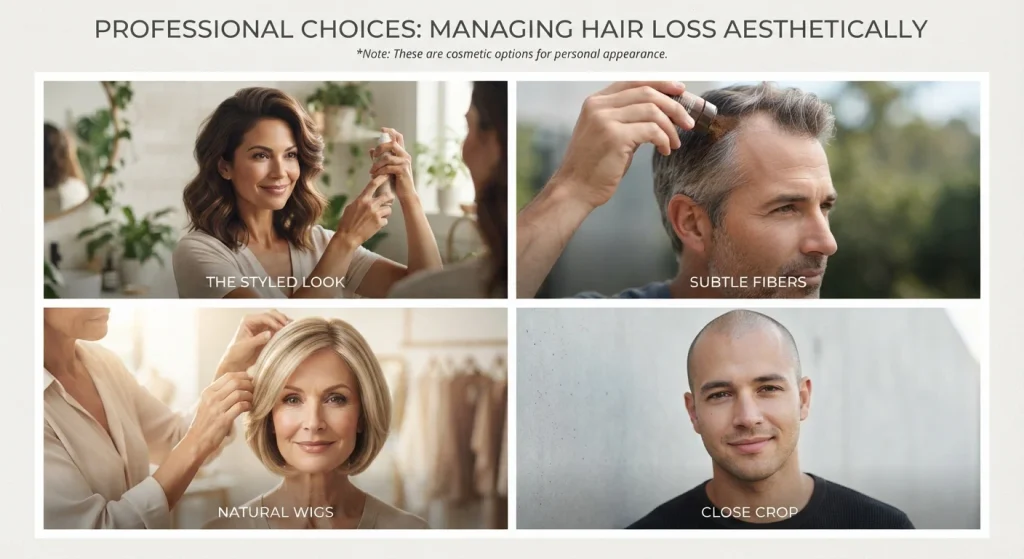 Cosmetic hair-loss options including hairstyling, hair fibers, wigs and closely cropped hairstyles