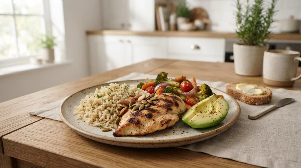 Balanced energy-dense meal with rice chicken avocado vegetables and nuts