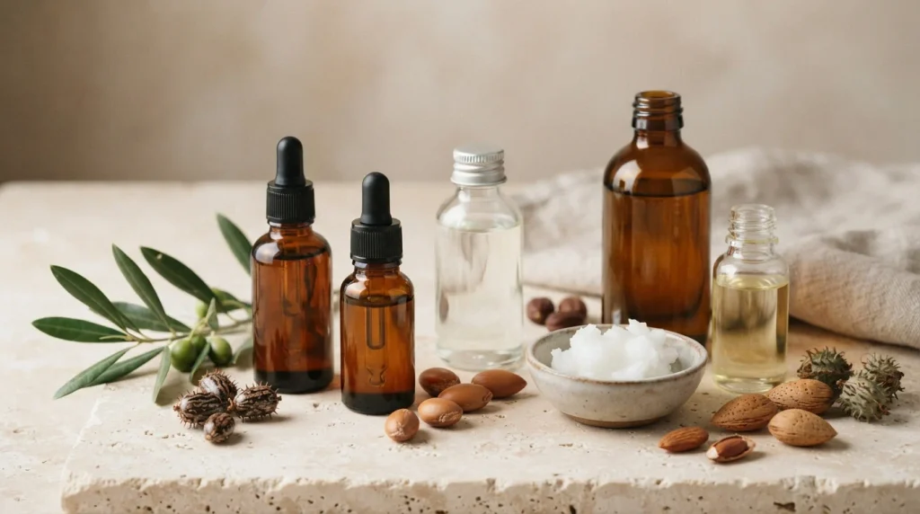 Coconut, castor, argan, jojoba, olive, and sweet almond oils arranged with natural ingredients for hair conditioning.