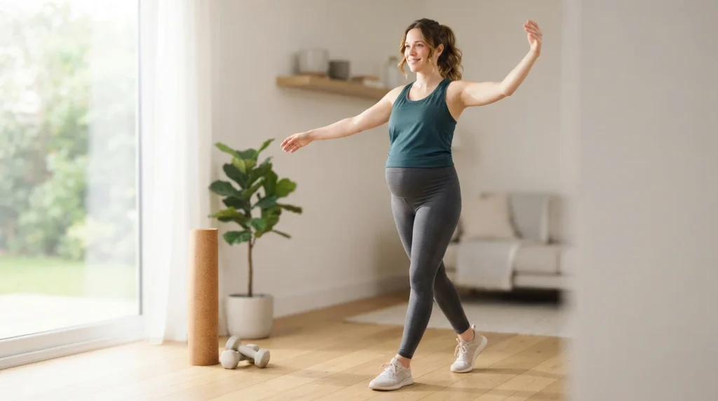 Pregnant woman doing gentle exercise during the first trimester
