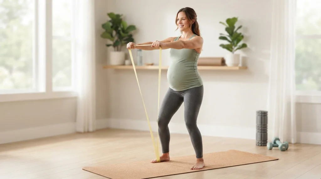 Pregnant woman doing modified strength exercises during the second trimester
