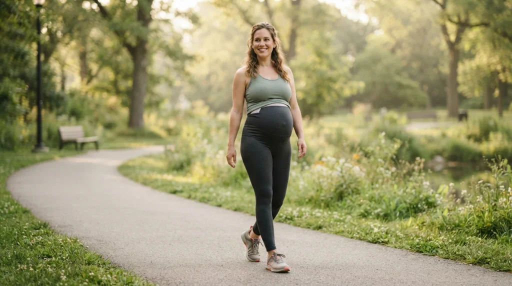 Pregnant woman in the third trimester walking comfortably outdoors