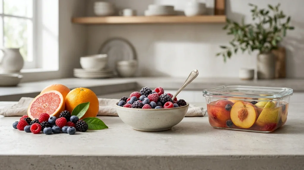 Fresh, frozen, and canned fruit presented as everyday fruit options