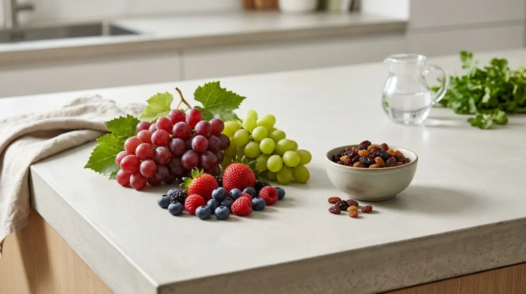 Fresh fruit and a small portion of dried fruit showing different portion sizes