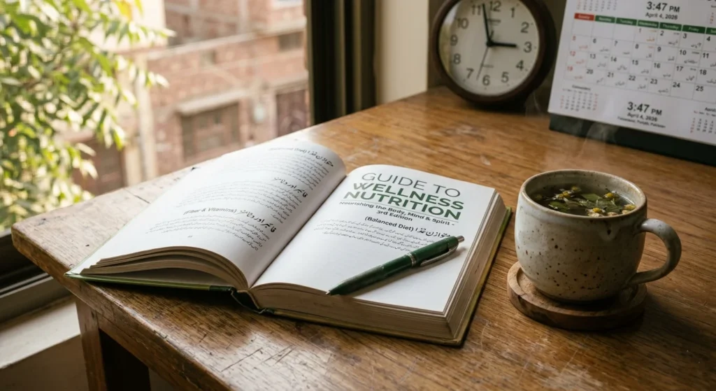 Close-up of a nutrition book, a pen, and a cup of herbal tea on a wooden desk with soft evening light