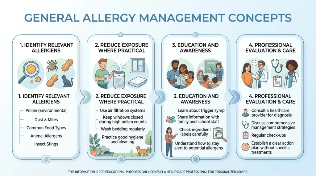 General allergy management concepts including allergen avoidance, education, exposure reduction, and professional care