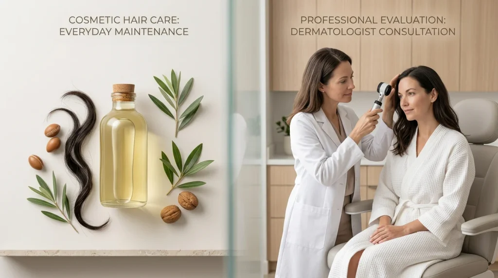 Conceptual healthcare image contrasting everyday hair-care oil with professional evaluation of persistent hair loss.
