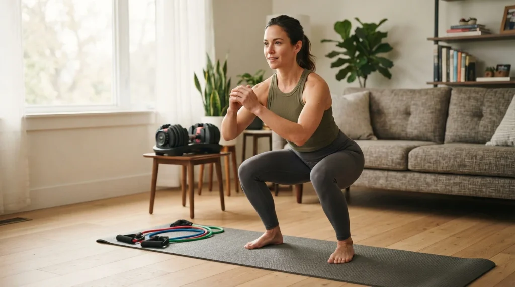 Adult performing bodyweight and resistance-band exercises at home
