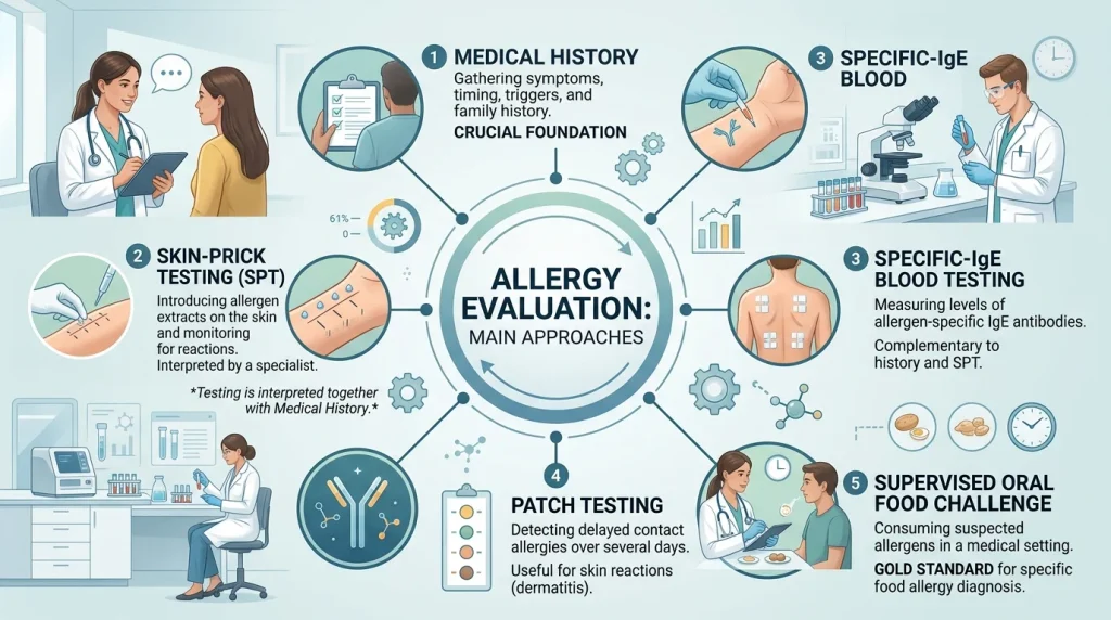 Allergy evaluation using medical history, skin-prick testing, blood testing, patch testing, and oral food challenge