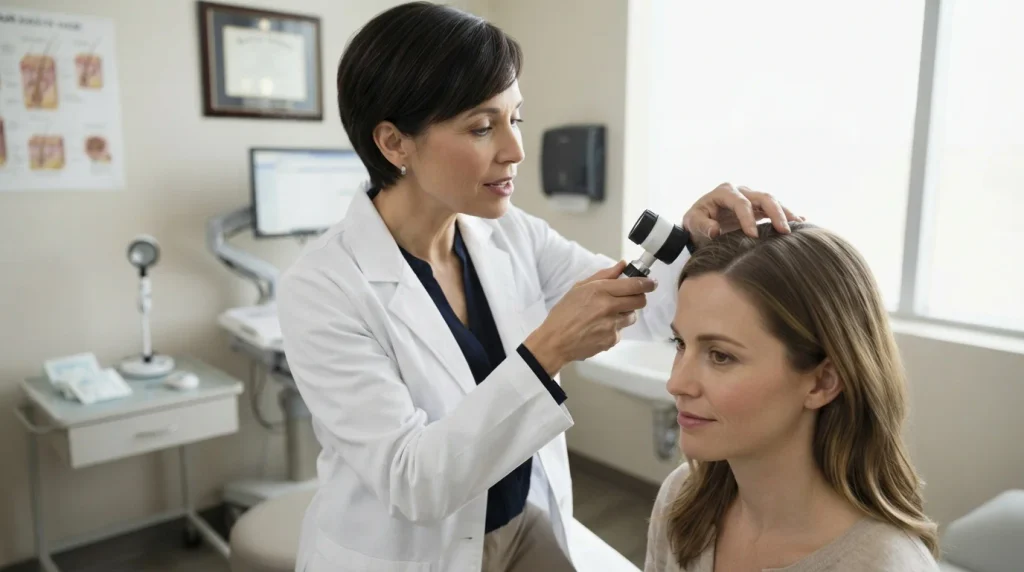 Dermatologist examining a patient's scalp and hair to evaluate hair loss