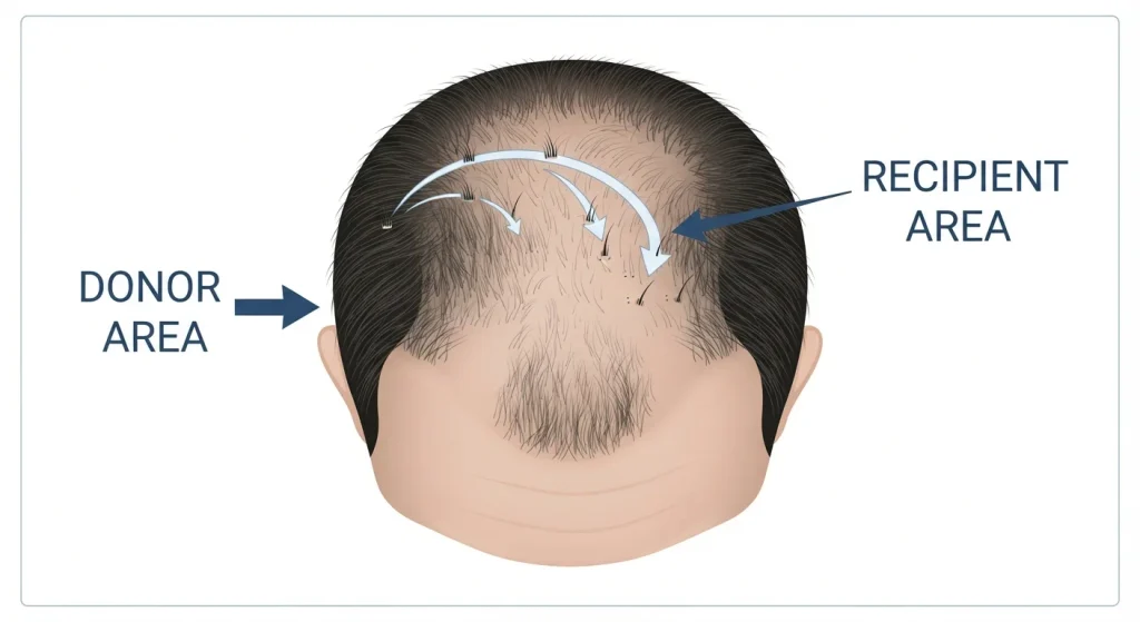 Illustration showing hair-bearing grafts being moved from a donor area to an area affected by hair loss