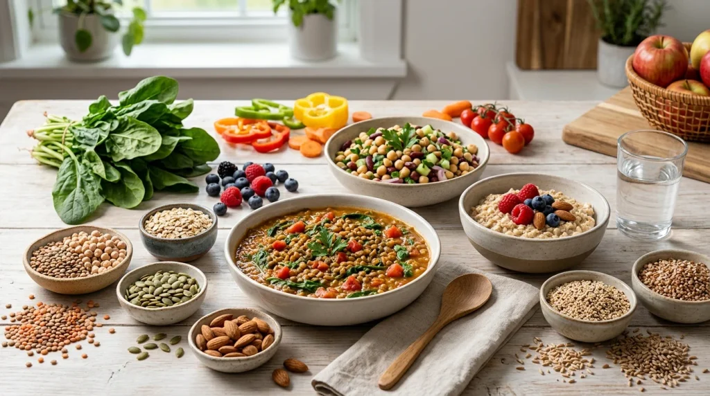 Beans, spinach, whole grains, seeds and vegetables rich in iron, magnesium and fiber