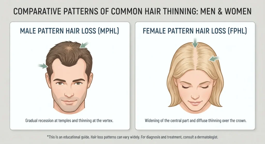 Illustration comparing common patterns of hair thinning in men and women