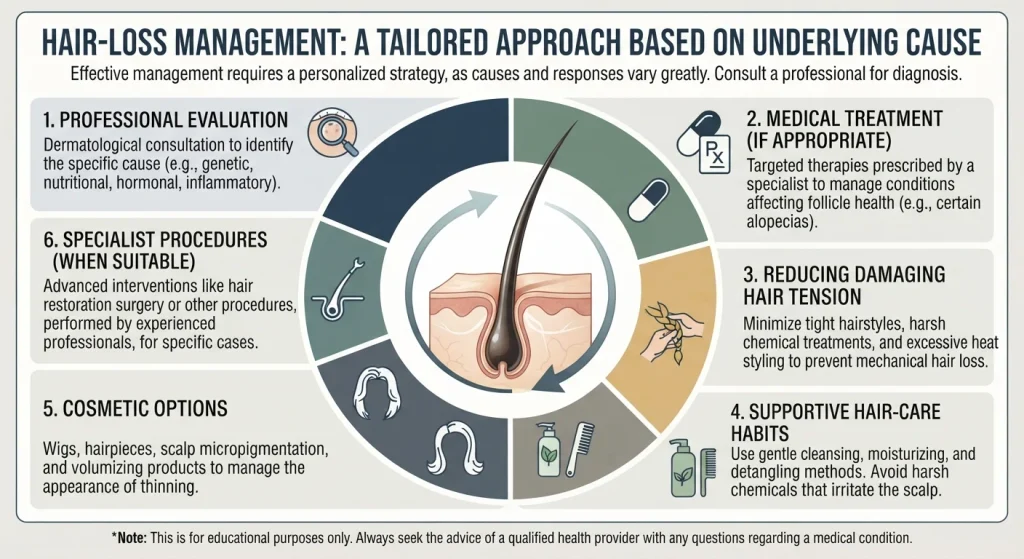 Different approaches used to manage hair loss based on its underlying cause