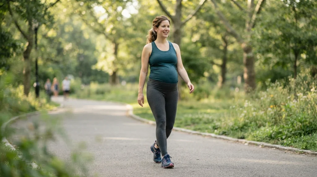 Pregnant woman walking at a comfortable moderate pace outdoors