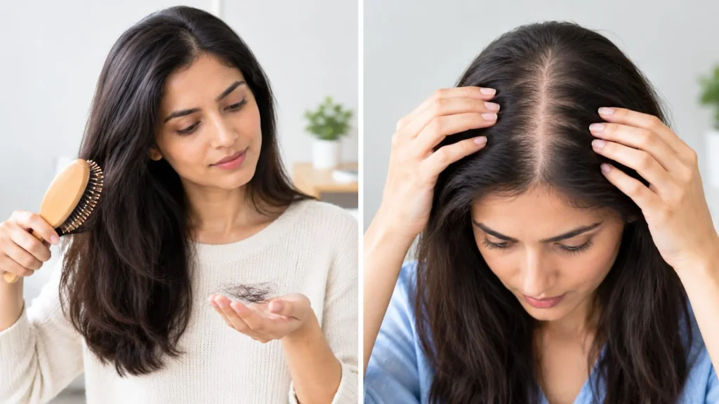 Woman examining normal hair shedding compared with visible hair thinning